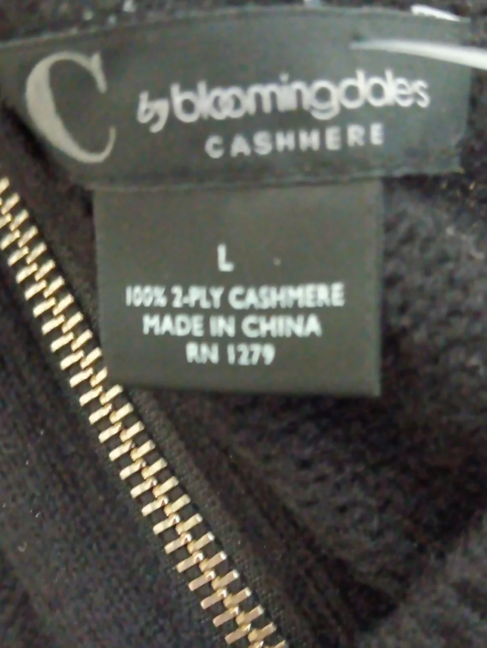 C BY BLOOMINGDALES..CASHMERE ZIP BACK..HI/LO TUNIC SWEATER..NEW!!! SIZE LARGE